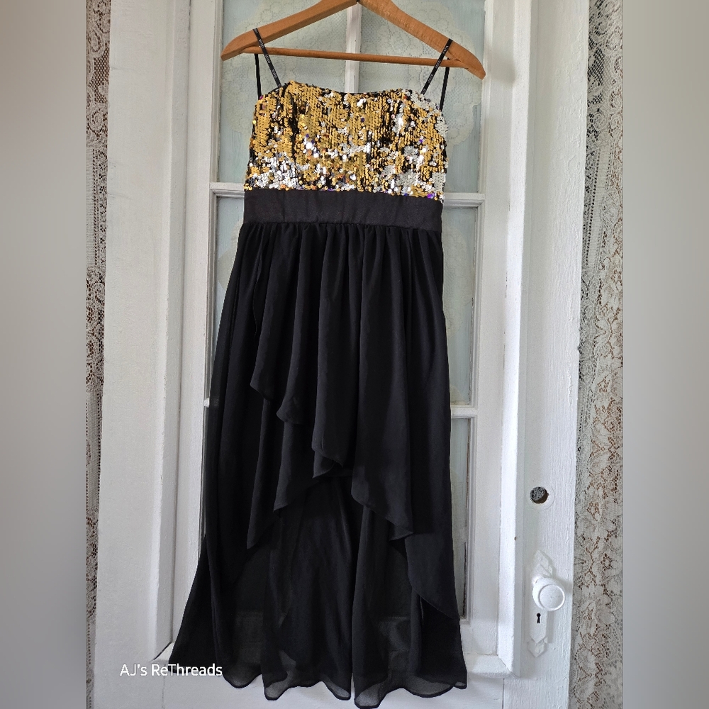 XOXO Black & Gold Sequin High-Low Party Dress S